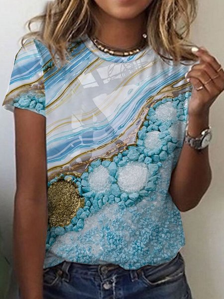 

Daily beach gradient water wave print loose top T-shirt Plus Size, Aqua blue, T-Shirts