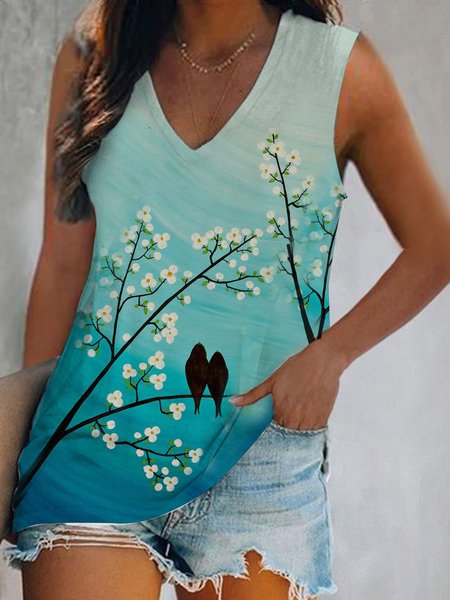 

Daily beach gradient flower foliage animal bird sparrow printed loose top T-shirt Plus Size, Mint, Tanks & Camis