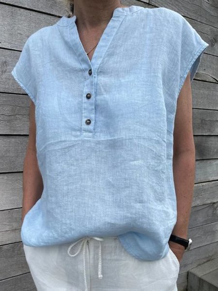 

Casual V Neck Buttoned Short Sleeve Tops, Blue, T-Shirts