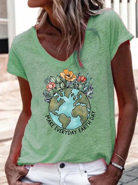 

Earth Day V Neck Casual Short Floral Sleeve T-Shirt, Green, T-Shirts