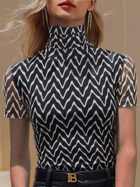 

Summer High Neck Lightweight Striped Short Sleeve Daily Tops, Black, Tops
