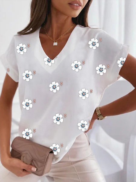 

Casual Floral V Neck Short Sleeve Tops, White, Tops