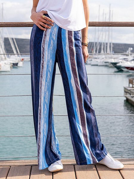 

Basic simple gradient stripe sky blue beach loose straight tube wide leg pants length Plus Size, Pants