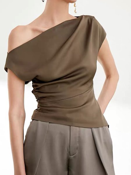 

Off the shoulder Solid Short Sleeve Top, Brown, Tops