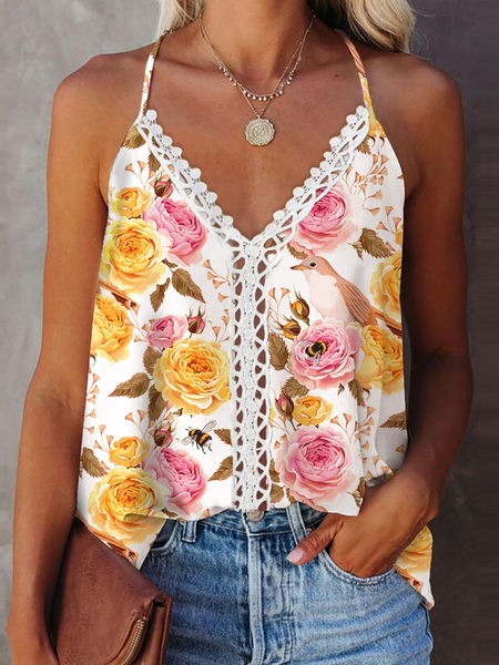 

Boho V Neck Floral Loosen Woven Tank, White, Tanks & Camis