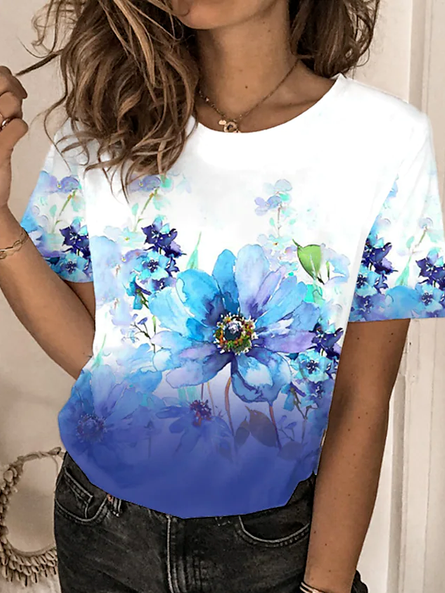 

Casual Cotton Blends Ombre Floral Short Sleeve T-Shirt, White, T-Shirts