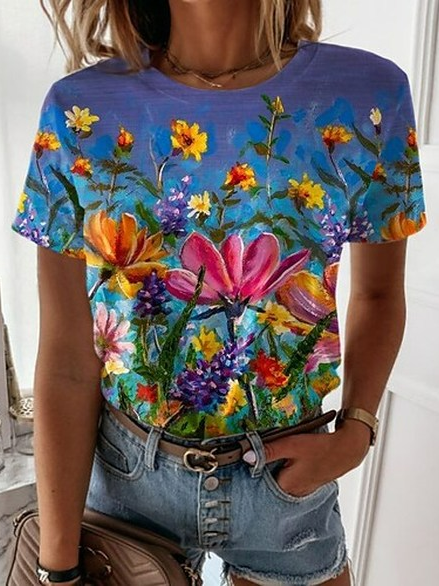 

Floral Crew Neck Short Seeve T-Shirt, Multicolor, T-Shirts