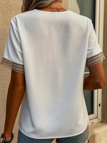 

Summer Lightweight Elegant V Neck Short Sleeve Daily Tops, White, Tops