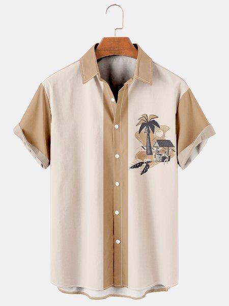 

Men's Coconut Tree Print Casual Vacation Short Sleeve Hawaiian Shirt, Light khaki, Men's Floral shirt