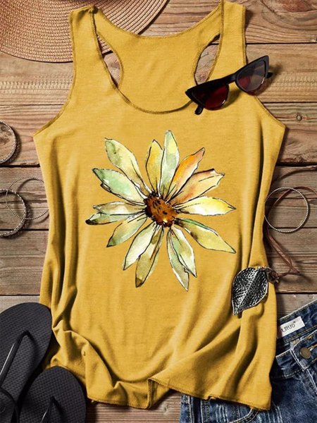 

Regular Fit Casual Floral Knit Tank, Yellow, Tanks & Camis