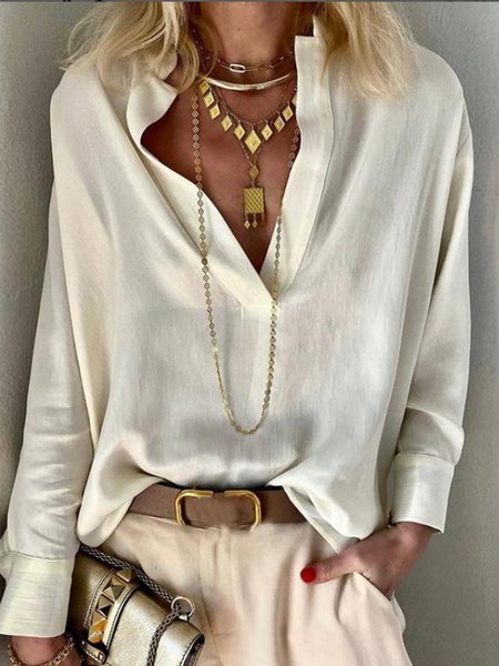 

Casual V Neck Plain Long Sleeve Tops, Beige, Tops