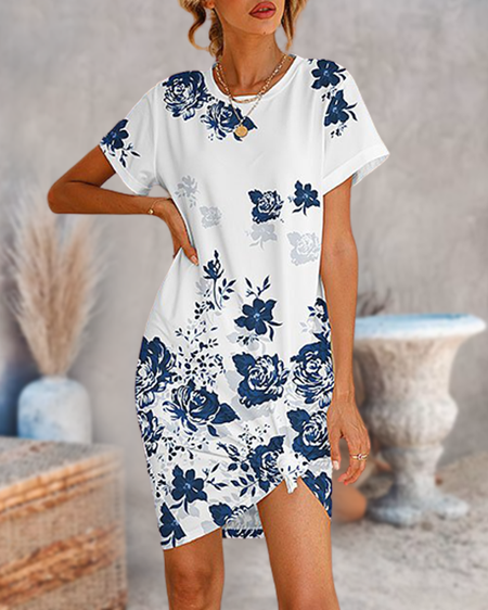 

vacation beach Loosen Floral Short Sleeve Knit Dress, White, Dresses