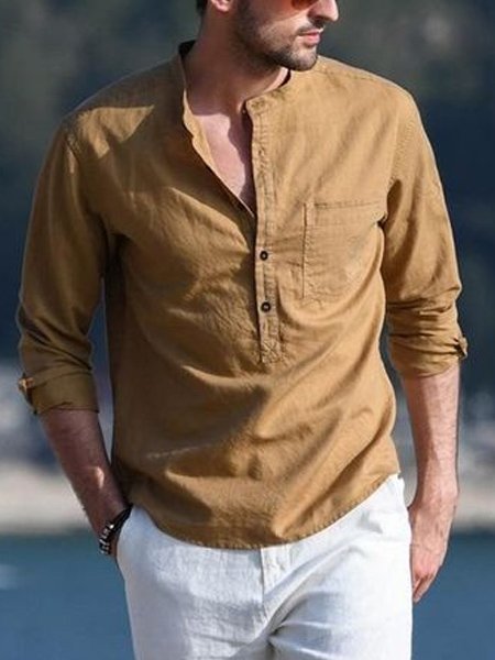 

Men's Plain Cotton Linen Long Sleeve Shirt, As picture, Shirts ＆ Blouse