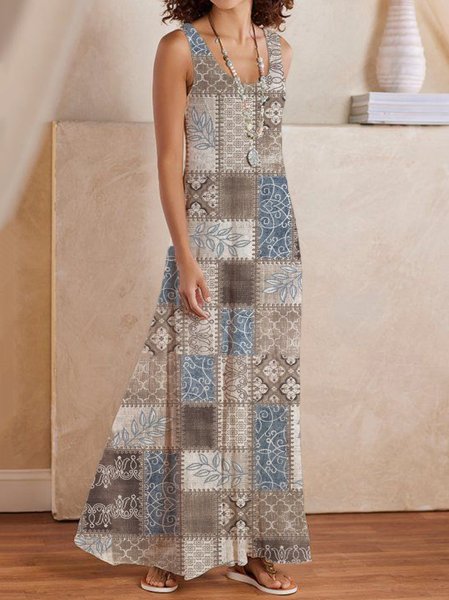 

Crew Neck Floral Loosen Short Sleeve Knit Dress, Multicolor, Maxi Dresses