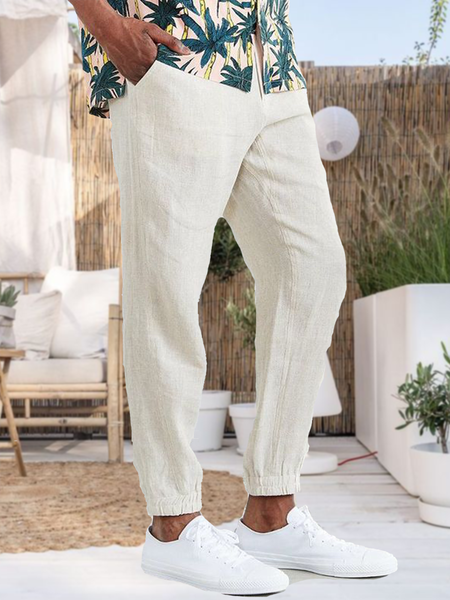 

Men's Plain Color Casual Linen Trousers, Apricot, Pants