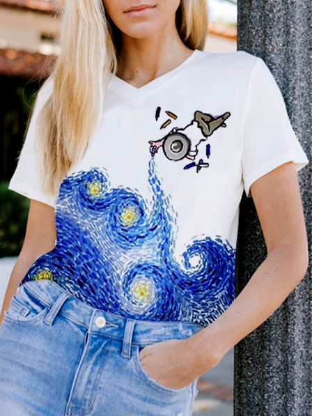 

Vintage starry sky oil painting print T-shirt V Neck Casual Short Sleeve Tops, White, T-Shirts