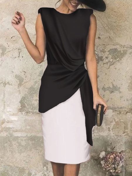 

Elegant Regular Fit Crew Neck Sleeveless Midi Dress, Black-white, Midi Dresses