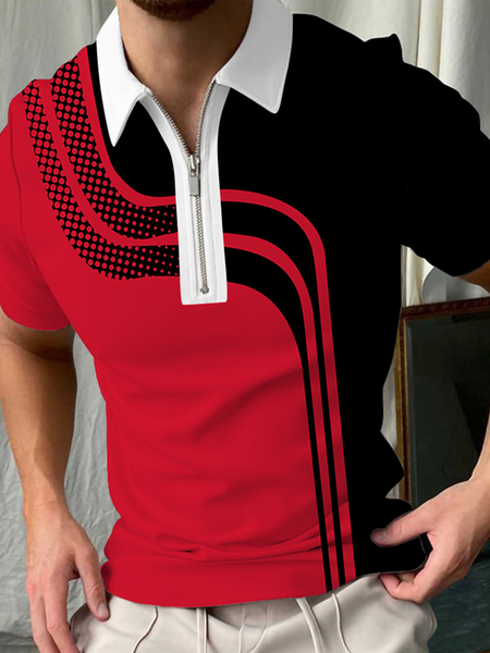 

Casual Art Collection Geometric Striped Color Block Lapel Short Sleeve Polo Print Top, Red, Polos