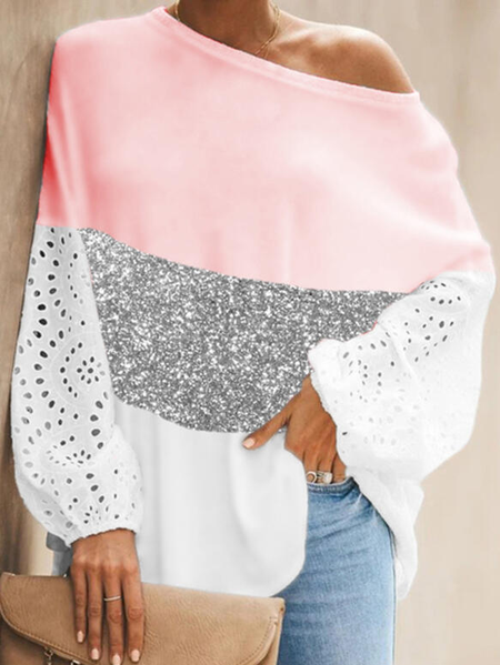 

Color Block Lace Round Neck Long Sleeves Dropped Shoulder Casual Blouses, Multicolor, Sweatshirts & Hoodies
