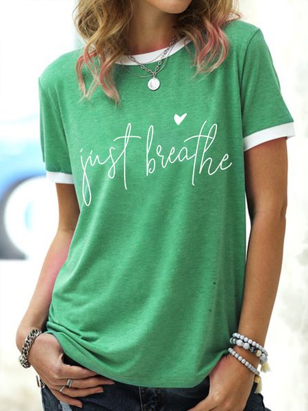 

Just Breathe Casual Loosen Cotton Blends Short Sleeve Tops, Green, T-shirts