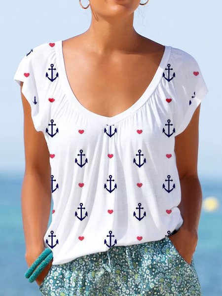 

Anchor Loosen V Neck Casual Short Sleeve T-Shirt, White, T-Shirts