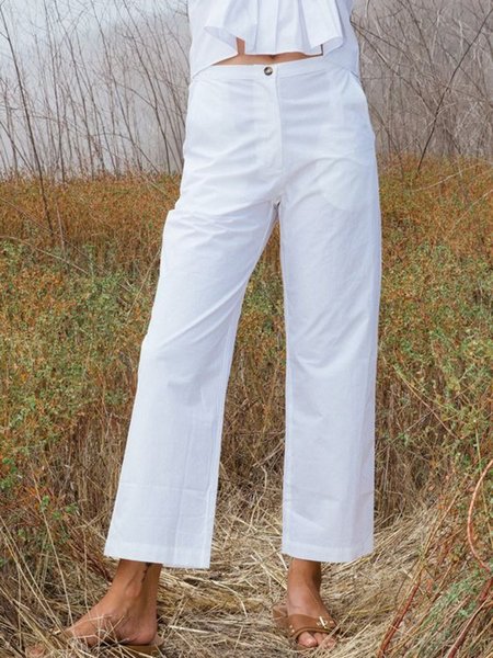 

Cotton Pockets Buttoned Loosen Pants, White, Pants