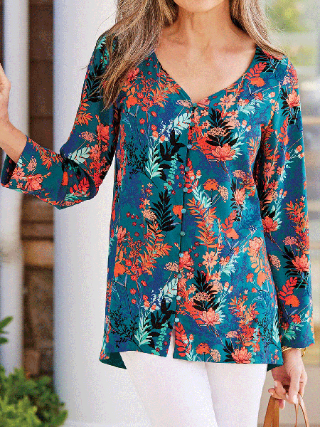 

Floral V Neck Loosen Long Sleeve Blouse, Blue, Blouses & Shirts