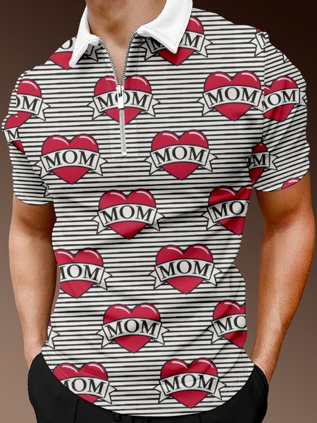 

Casual Festive Collection Mother's Day Striped Geometric Lapel Short Sleeve Polo Print Top, Black, Men's t-shirts