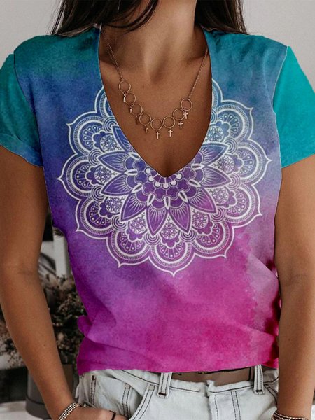 

Tribal Print Vintage Casual Short Sleeve Regular Fit V-neck T-Shirt, Multicolor, T-Shirts
