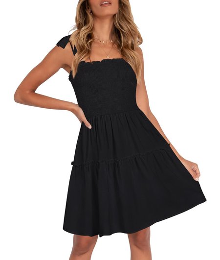 

Regular Fit Cotton Square Neck Short Sleeve Woven Dress, Black, Dresses
