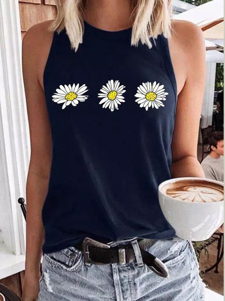 

Casual Floral Knit Tank, Purplish blue, Tank Top