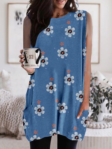 

Floral Sleeveless Crew Neck Plus Size Casual Dresses, Blue, Mini Dresses