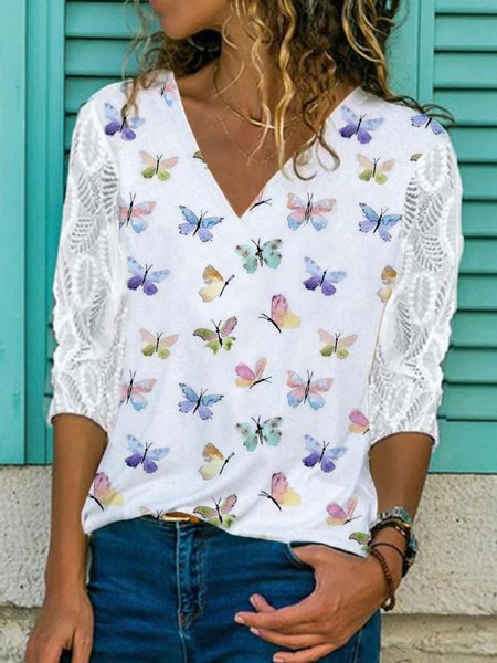 

Casual Loosen Butterfly Lace Long Sleeve Tops, White, Long sleeve tops