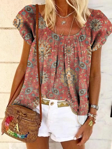 

Casual Crew Neck Regular Fit Tribal Short Sleeve Blouse, Red, Tunics
