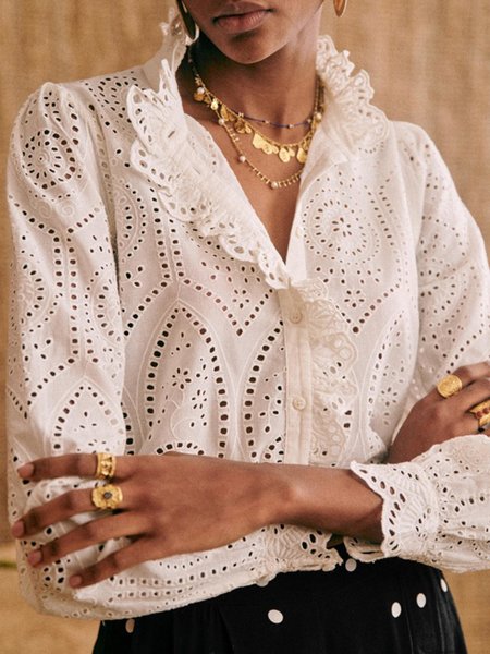 

Cotton Loosen Vacation Long Sleeve Top, White, Tops