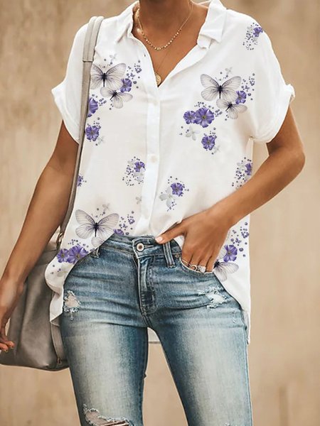 

V Neck Buttoned Butterfly Short Sleeve Blouse, White, Blouses & Shirts