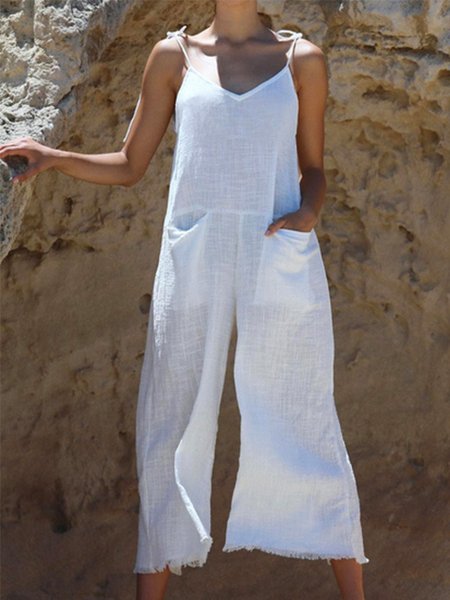 

Plain Sleeveless V Neck Plus Size Casual Jumpsuits, White, Jumpsuits