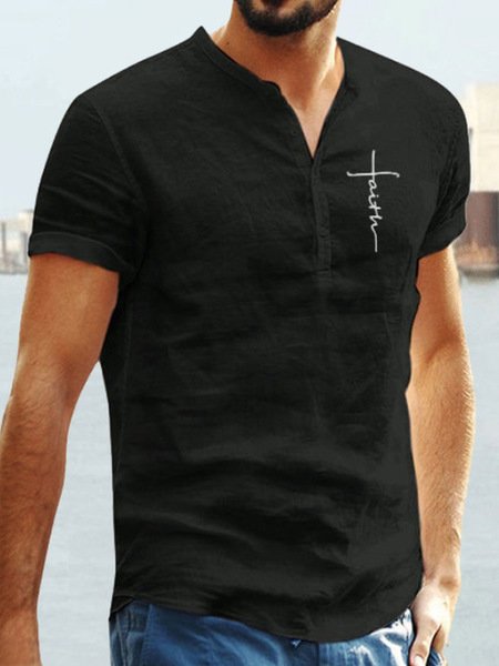 

Cotton Linen Style Stand Collar Loose Casual Men's Solid Color Short Sleeve Shirt, Black, Blouses&Shirts