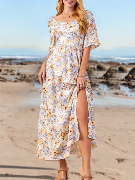 

V Neck Short Sleeve Floral Elastane Weaving Dress, Flower, Floral Dresses