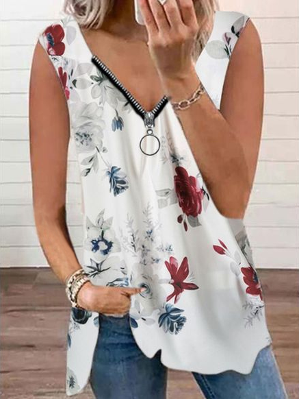 

Floral Casual Knit Tank, White, Tanks & Camis