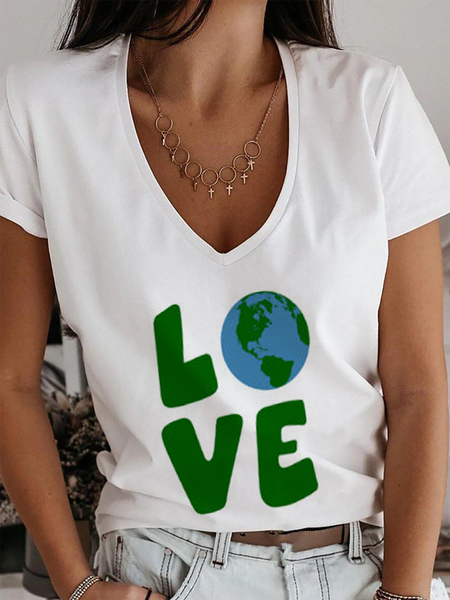 

Earth Day Letter Printed Short Sleeve V-neck Casual T-Shirt, White, T-Shirts