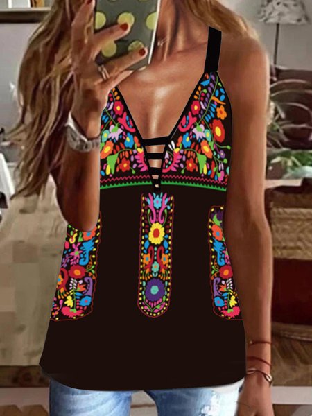 

Holiday hollowed out perspective multicolor folk style pattern suspender top T-shirt Plus Size, Black, Tanks & Camis