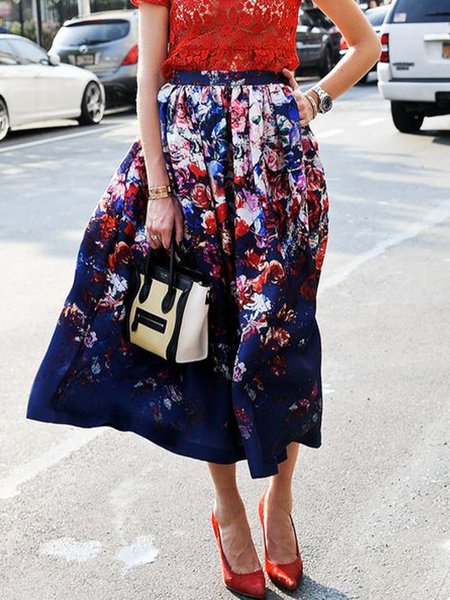

Floral Elegant Short Daily Loosen Midi Skirt, Blue, Maxi Skirts