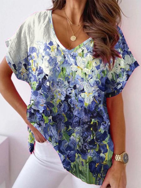 

Vacation Loosen Batwing Floral V Neck Short Sleeve Tops, Multicolor, T-Shirts