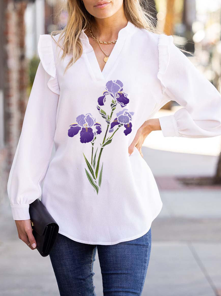 

Elegant White Ruffle Accent Notch Neck Top with Iris Pattern Floral Long Sleeve Tops, Blouses & Shirts