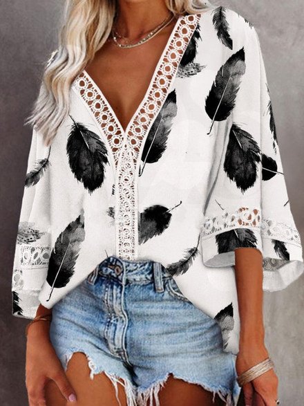 

Feather Loosen Casual Short Sleeve Tops, White, Blouses & Shirts