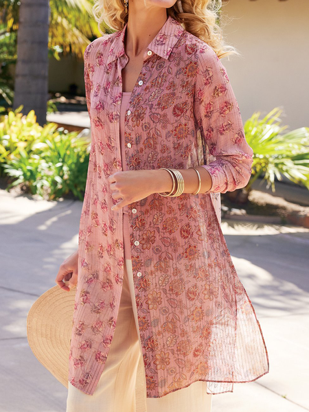 

Slit Floral Lapel Loosen Buttoned Long Sleeve Blouse, Pink, Blouses & Shirts
