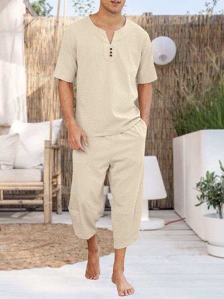 

Men's Cotton Linen Casual Short Sleeve Top Trousers Set, Khaki, Two-pieces
