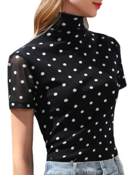 

Simple Slim Fit Polka Dots Short Sleeve T-Shirt, Black, Tees