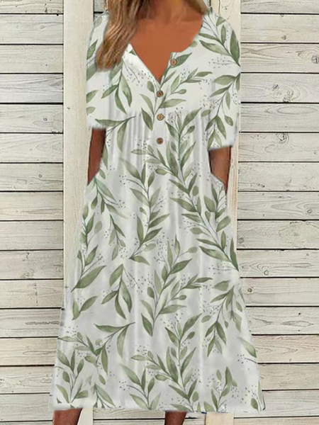 

V Neck Leaves Loosen Short Sleeve women Dress, White, Dresses
